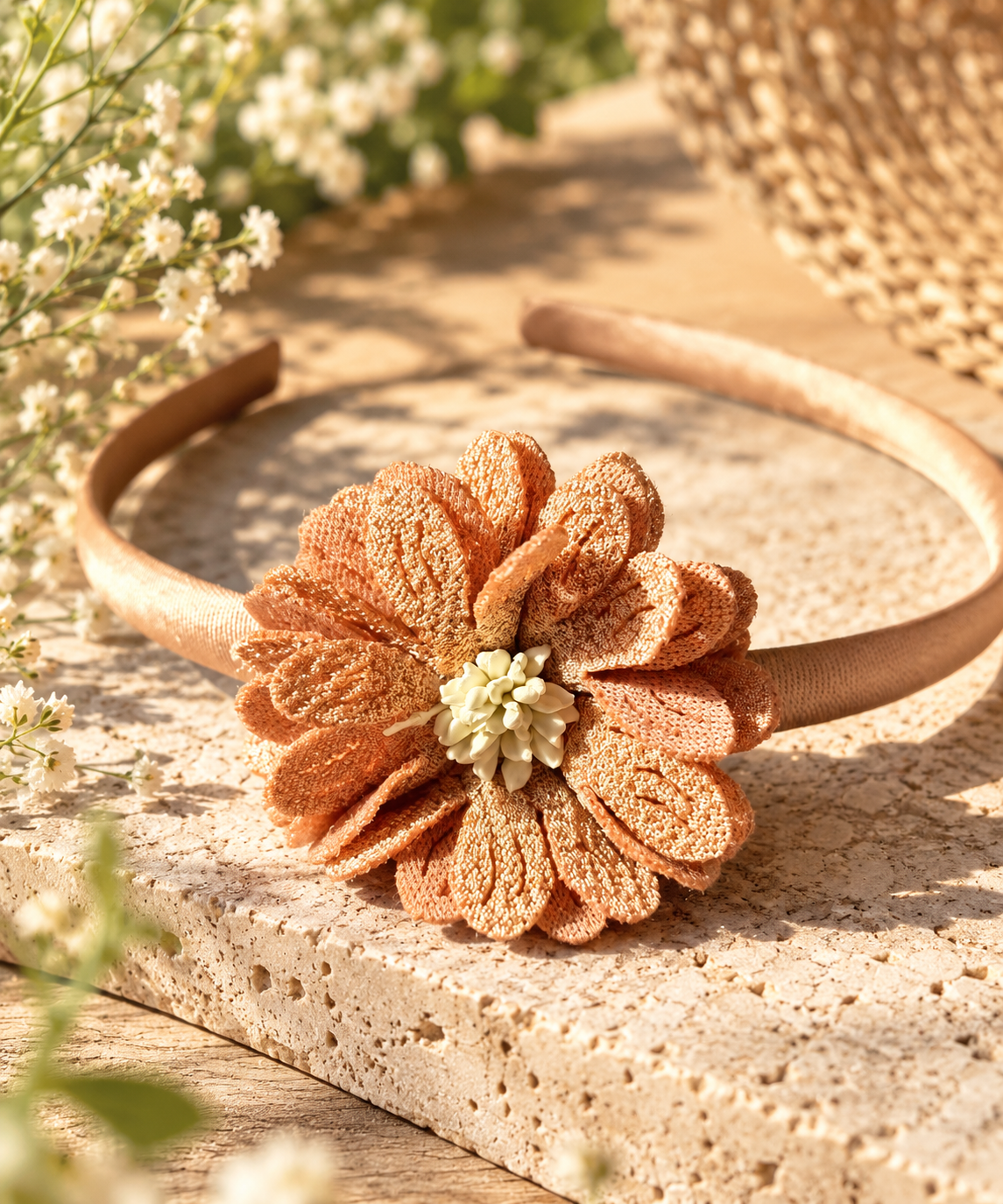 Goudbruine haarband met diverse bloem