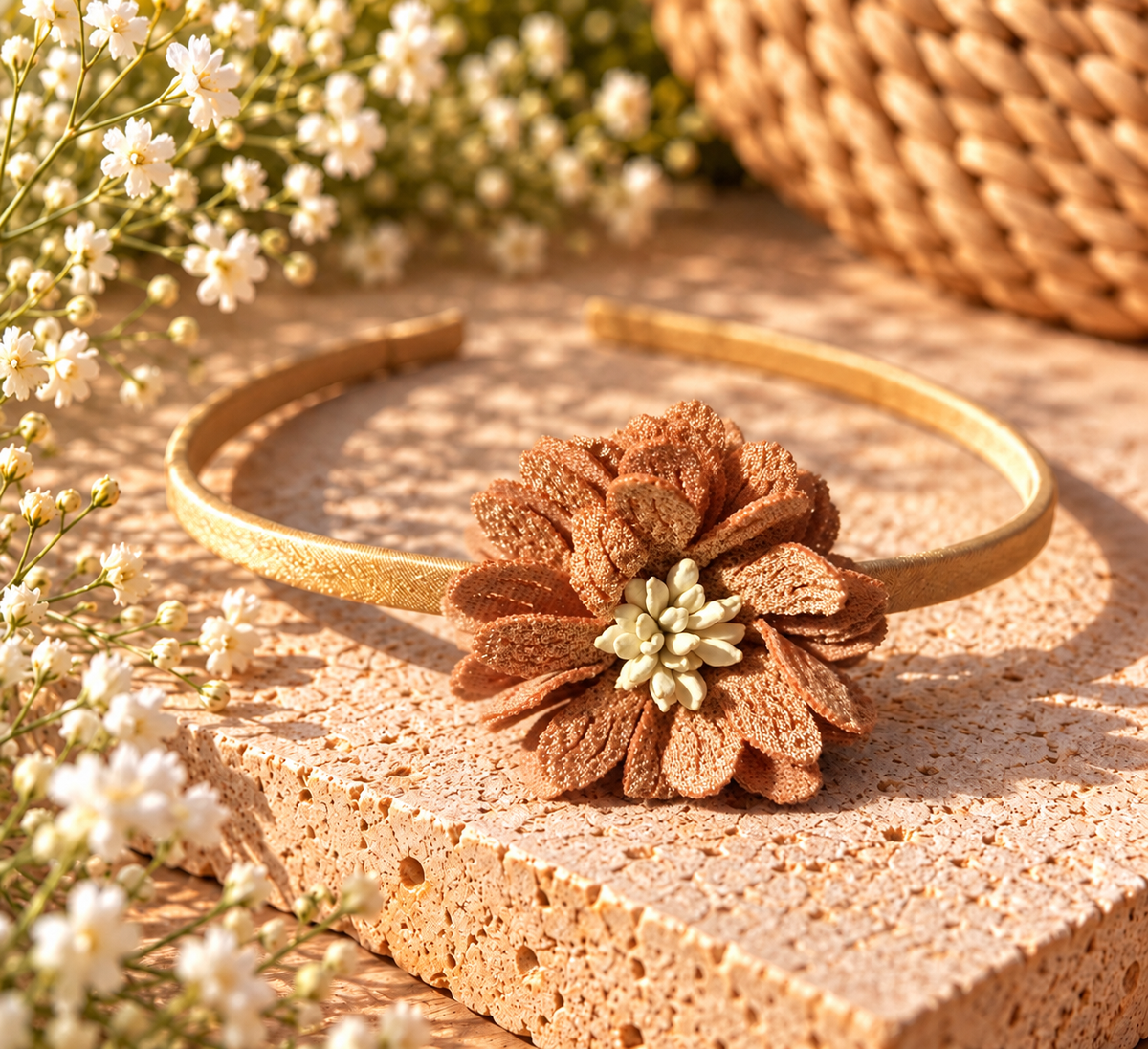 Goudbruine haarband met diverse bloem