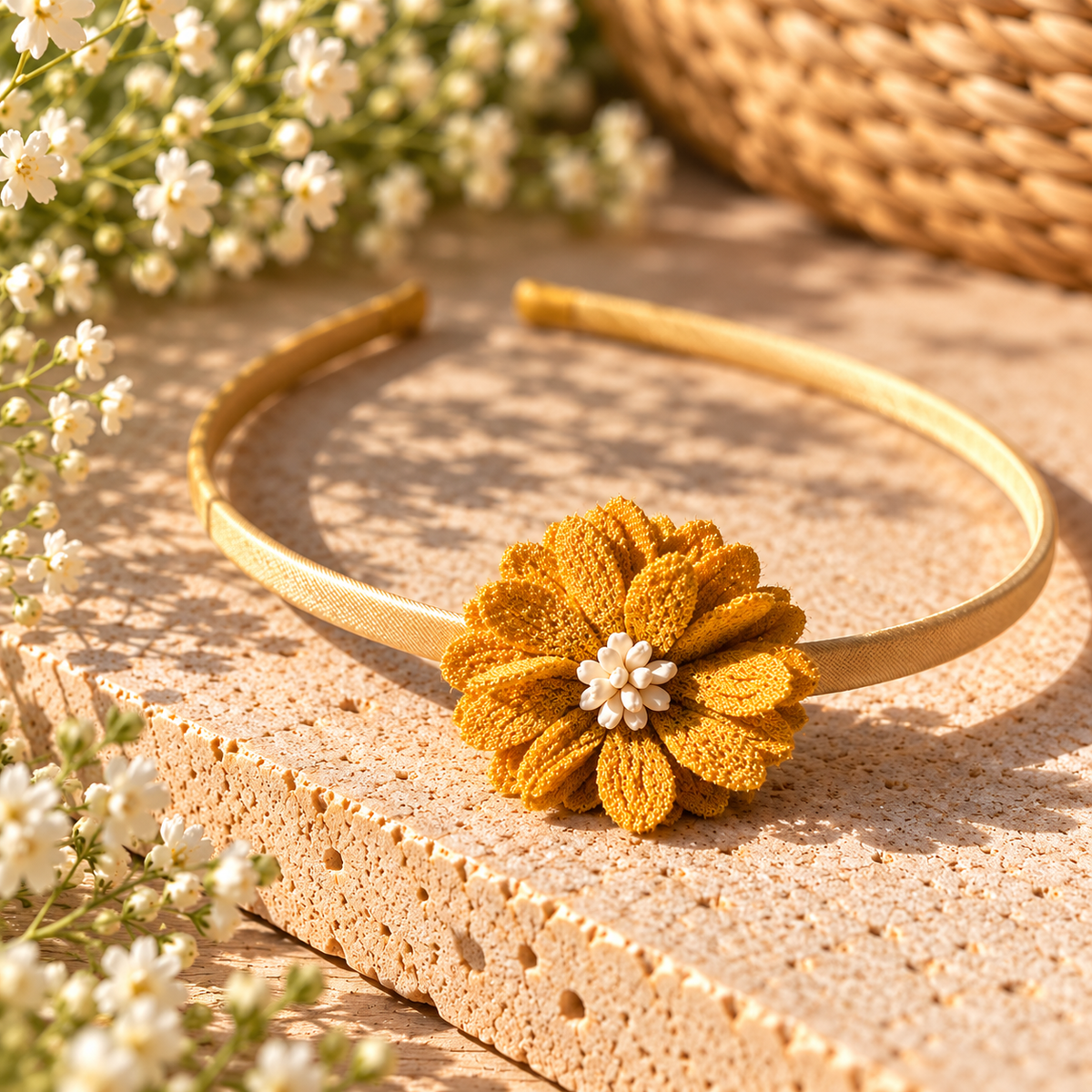 Goudbruine haarband met diverse bloem